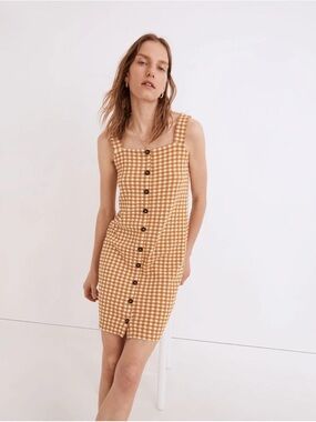 Gingham Button-Front Sheath Dress in Mustard
